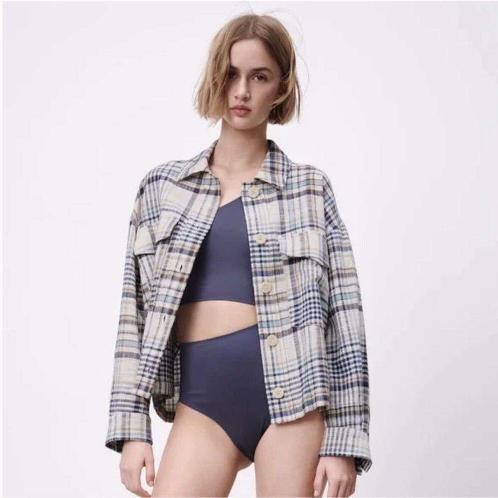 ZARA Plaid Oversized Cropped Shirt Jacket Women's XS